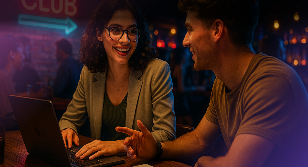 A woman sharing the smartest business in nightlife with her colleague about Pod Plug vending machine