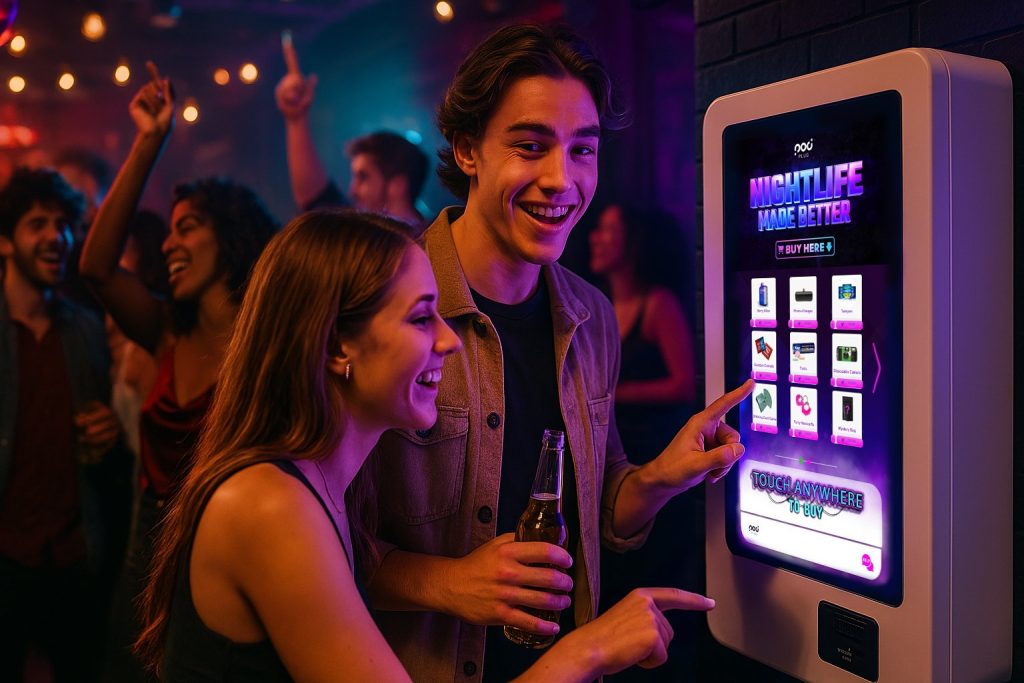 People interacting with Pod Plug smart nightlife vending machines during their night out. The machines are placed inside a nightlife venue, securing nightlife scene ROI from vending franchise