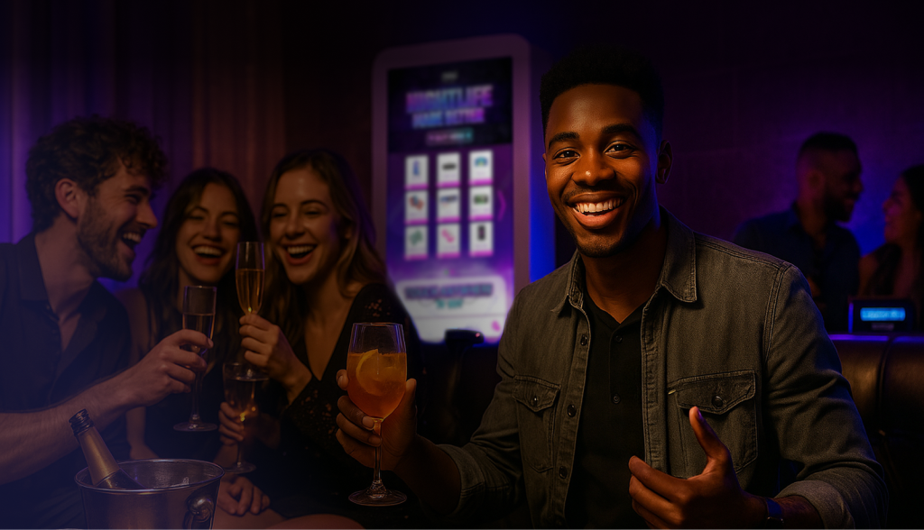 People interacting with smart nightlife vending machines like Pod Plug that is a vending franchise